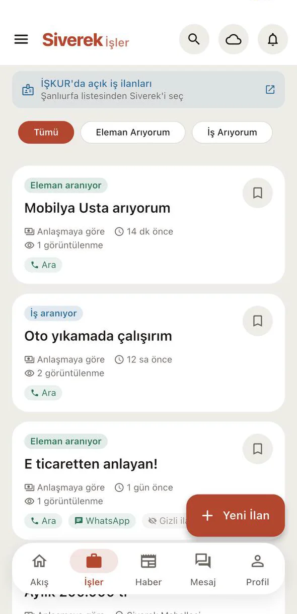 SiverekGo iş ilanları ekranı: Yeni İlan düğmesi
